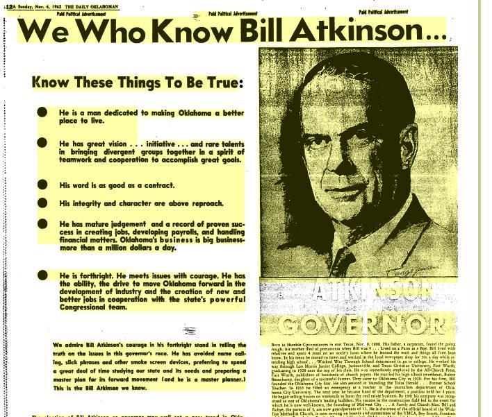 This Atkinson advertisement ran in the final weekend before the 1962 gubitorial election.