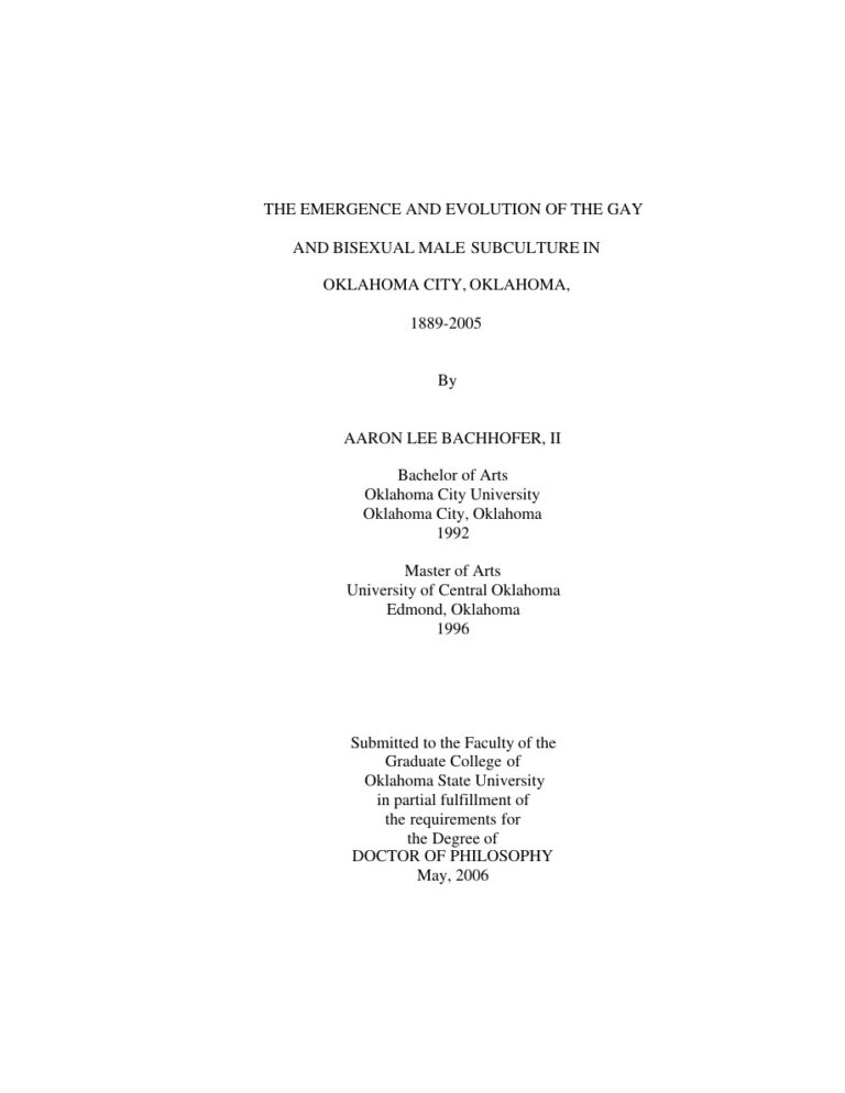 The Emergence and Evolution of the Gay and Bisexual Male Subculture in Oklahoma City, Oklahoma, 1889-2005