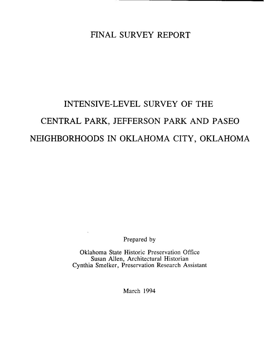 Cover of the 1994 intensive-level survey of the Central Park, Jefferson Park, and Paseo neighborhoods
